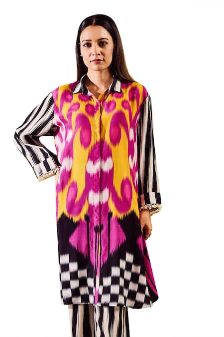 Shop Rainas Multi Color Cotton, Silk Collared Stripe Pattern Sleeve Kurta With Pant Online at Aza Fashions Shop_Rainas_Multi Color Cotton, Silk Collared Stripe Pattern Sleeve Kurta With Pant _Online_at_Aza_Fashions