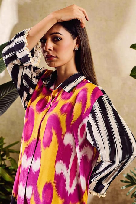 Rainas Multi Color Cotton, Silk Collared Stripe Pattern Sleeve Kurta With Pant at Aza Fashions Rainas_Multi Color Cotton, Silk Collared Stripe Pattern Sleeve Kurta With Pant _at_Aza_Fashions
