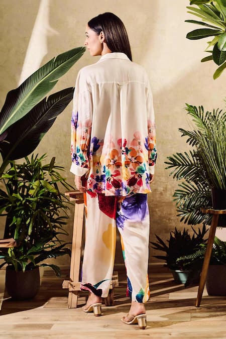 Shop_Rainas_Off White Satin Embroidery Collared Floral Print Shirt With Pant _at_Aza_Fashions