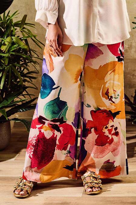 Buy Rainas Off White Silk, Satin Embroidery Collared Floral Bloom Print Shirt With Pant Online at Aza Fashions Buy_Rainas_Off White Silk, Satin Embroidery Collared Floral Bloom Print Shirt With Pant_Online_at_Aza_Fashions