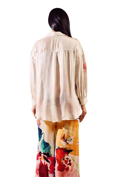 Shop Rainas Off White Silk, Satin Embroidery Collared Floral Bloom Print Shirt With Pant Online at Aza Fashions Shop_Rainas_Off White Silk, Satin Embroidery Collared Floral Bloom Print Shirt With Pant_Online_at_Aza_Fashions