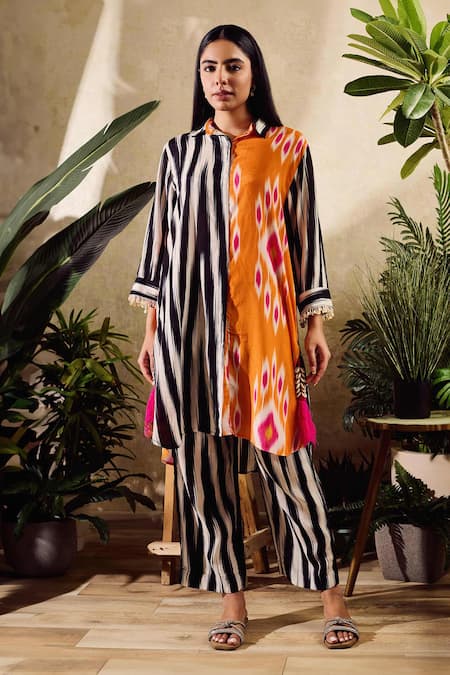 Rainas Stripe Print Cotton Silk Shirt With Pant 