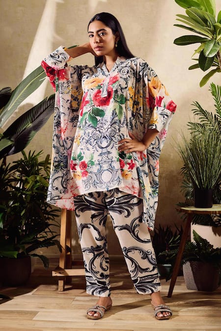 Rainas Floral Print Kaftan With Pant 