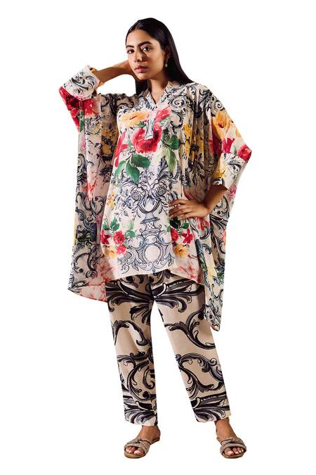 Buy_Rainas_Blue Cotton, Silk Embroidery V-neck Floral Print Kaftan With Pant _Online_at_Aza_Fashions