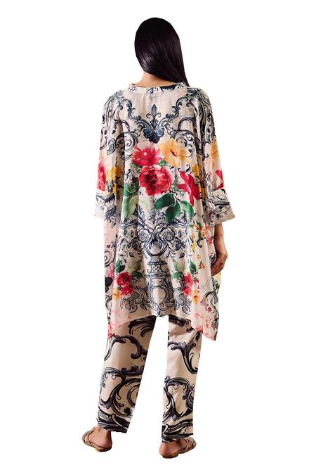 Shop_Rainas_Blue Cotton, Silk Embroidery V-neck Floral Print Kaftan With Pant _Online_at_Aza_Fashions