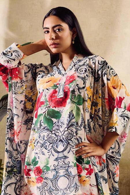 Rainas_Blue Cotton, Silk Embroidery V-neck Floral Print Kaftan With Pant _at_Aza_Fashions