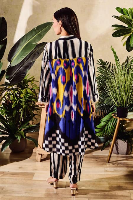 Shop Rainas Multi Color Cotton, Silk Sequins Collared Abstract Print Long Shirt With Pant at Aza Fashions Shop_Rainas_Multi Color Cotton, Silk Sequins Collared Abstract Print Long Shirt With Pant _at_Aza_Fashions