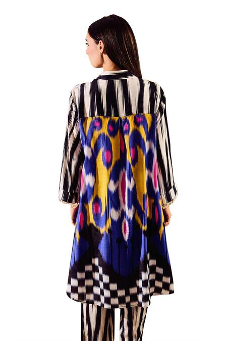 Rainas Multi Color Cotton, Silk Sequins Collared Abstract Print Long Shirt With Pant Online at Aza Fashions Rainas_Multi Color Cotton, Silk Sequins Collared Abstract Print Long Shirt With Pant _Online_at_Aza_Fashions