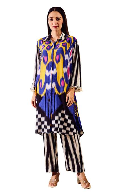 Buy Rainas Multi Color Cotton, Silk Sequins Collared Abstract Print Long Shirt With Pant Online at Aza Fashions Buy_Rainas_Multi Color Cotton, Silk Sequins Collared Abstract Print Long Shirt With Pant _Online_at_Aza_Fashions