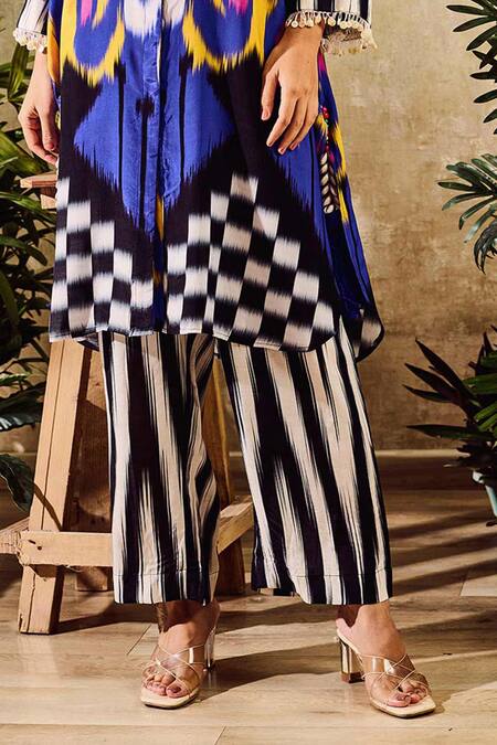 Shop Rainas Multi Color Cotton, Silk Sequins Collared Abstract Print Long Shirt With Pant Online at Aza Fashions Shop_Rainas_Multi Color Cotton, Silk Sequins Collared Abstract Print Long Shirt With Pant _Online_at_Aza_Fashions