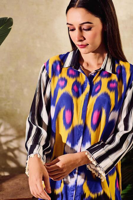 Rainas Multi Color Cotton, Silk Sequins Collared Abstract Print Long Shirt With Pant at Aza Fashions Rainas_Multi Color Cotton, Silk Sequins Collared Abstract Print Long Shirt With Pant _at_Aza_Fashions