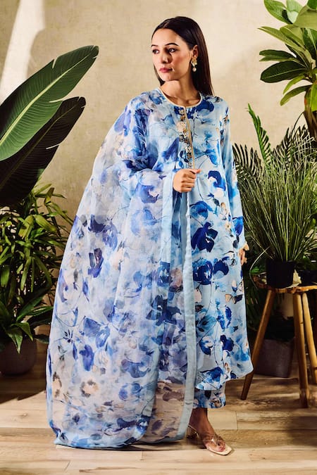 Rainas Blue Cupro Satin Print Floral Round Watercolor Flower Kurta And Pant Set 