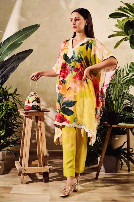 Rainas Yellow Cotton Silk Print Floral V Neck Rose Bloom Kaftan And Pant Set 