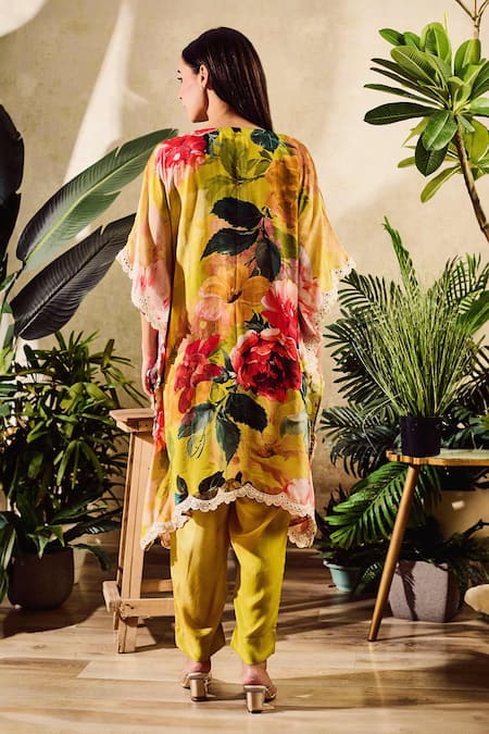 Shop Rainas Yellow Cotton Satin, Cotton, Silk Embroidery Rose Bloom Print Kaftan And Pant Set at Aza Fashions Shop_Rainas_Yellow Cotton Satin, Cotton, Silk Embroidery Rose Bloom Print Kaftan And Pant Set_at_Aza_Fashions
