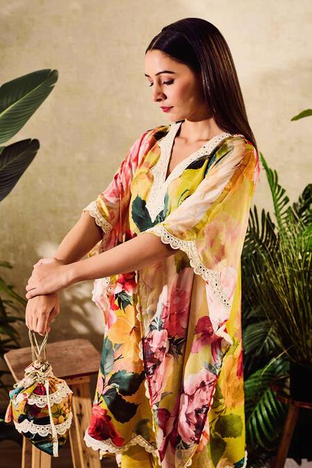 Rainas Yellow Cotton Satin, Cotton, Silk Embroidery Rose Bloom Print Kaftan And Pant Set Online at Aza Fashions Rainas_Yellow Cotton Satin, Cotton, Silk Embroidery Rose Bloom Print Kaftan And Pant Set_Online_at_Aza_Fashions