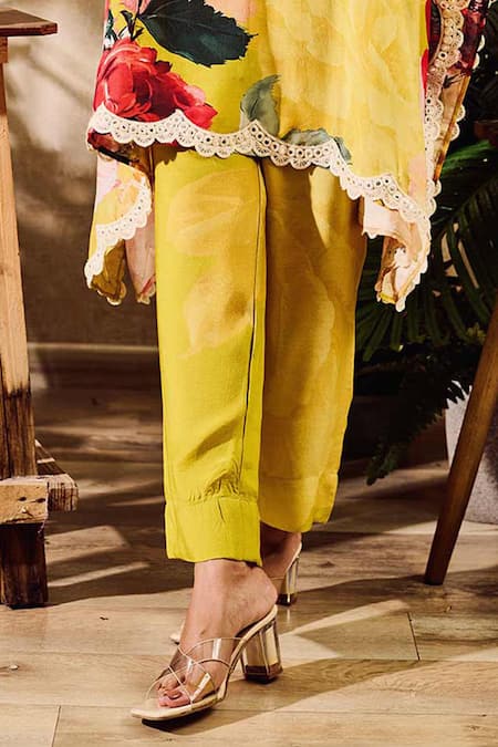 Buy Rainas Yellow Cotton Satin, Cotton, Silk Embroidery Rose Bloom Print Kaftan And Pant Set Online at Aza Fashions Buy_Rainas_Yellow Cotton Satin, Cotton, Silk Embroidery Rose Bloom Print Kaftan And Pant Set_Online_at_Aza_Fashions