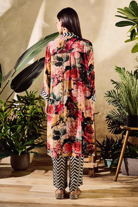 Shop Rainas Multi Color Viscose, Crepe Embroidery Flower Garden Print Long Shirt And Pant Set at Aza Fashions Shop_Rainas_Multi Color Viscose, Crepe Embroidery Flower Garden Print Long Shirt And Pant Set_at_Aza_Fashions