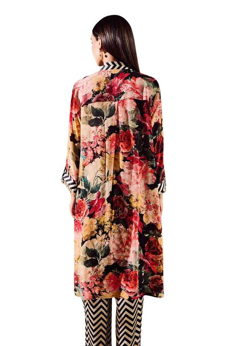 Rainas Multi Color Viscose, Crepe Embroidery Flower Garden Print Long Shirt And Pant Set Online at Aza Fashions Rainas_Multi Color Viscose, Crepe Embroidery Flower Garden Print Long Shirt And Pant Set_Online_at_Aza_Fashions