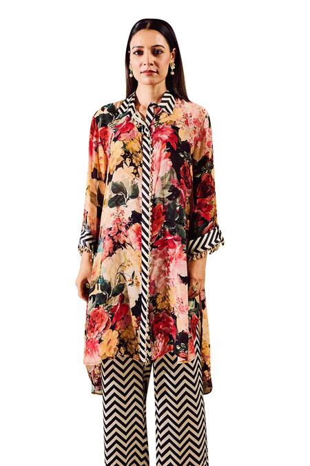 Buy Rainas Multi Color Viscose, Crepe Embroidery Flower Garden Print Long Shirt And Pant Set Online at Aza Fashions Buy_Rainas_Multi Color Viscose, Crepe Embroidery Flower Garden Print Long Shirt And Pant Set_Online_at_Aza_Fashions