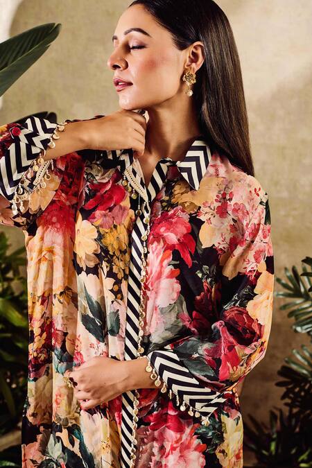 Rainas Multi Color Viscose, Crepe Embroidery Flower Garden Print Long Shirt And Pant Set at Aza Fashions Rainas_Multi Color Viscose, Crepe Embroidery Flower Garden Print Long Shirt And Pant Set_at_Aza_Fashions