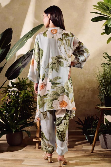 Shop_Rainas_Blue Chiffon, Satin Tassels V-neck Daisy Bloom Print Tunic And Pant Set _at_Aza_Fashions