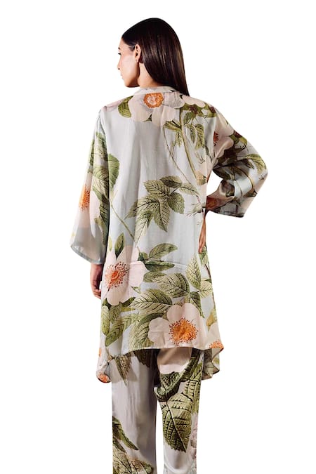 Rainas_Blue Chiffon, Satin Tassels V-neck Daisy Bloom Print Tunic And Pant Set _Online_at_Aza_Fashions