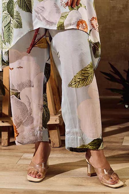 Shop_Rainas_Blue Chiffon, Satin Tassels V-neck Daisy Bloom Print Tunic And Pant Set _Online_at_Aza_Fashions