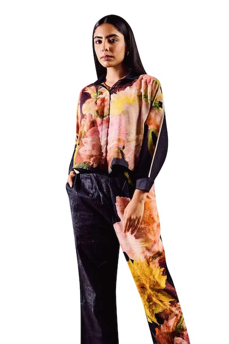 Rainas_Black Linen Collared Watercolor Print Shirt With Pant _Online_at_Aza_Fashions