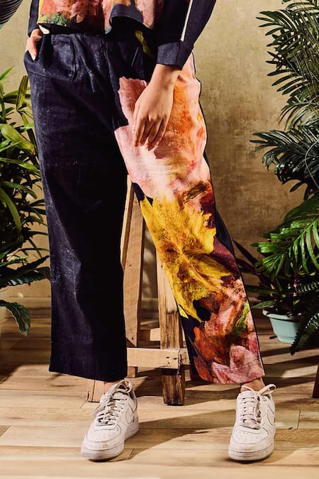 Shop_Rainas_Black Linen Collared Watercolor Print Shirt With Pant _Online_at_Aza_Fashions