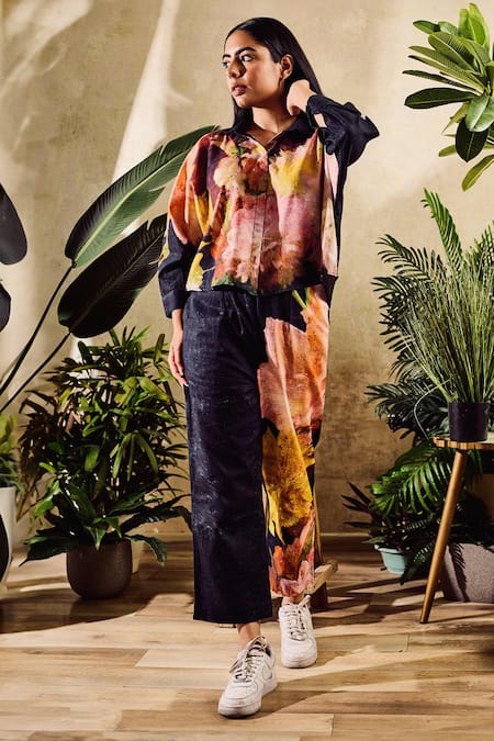 Rainas_Black Linen Collared Watercolor Print Shirt With Pant _at_Aza_Fashions