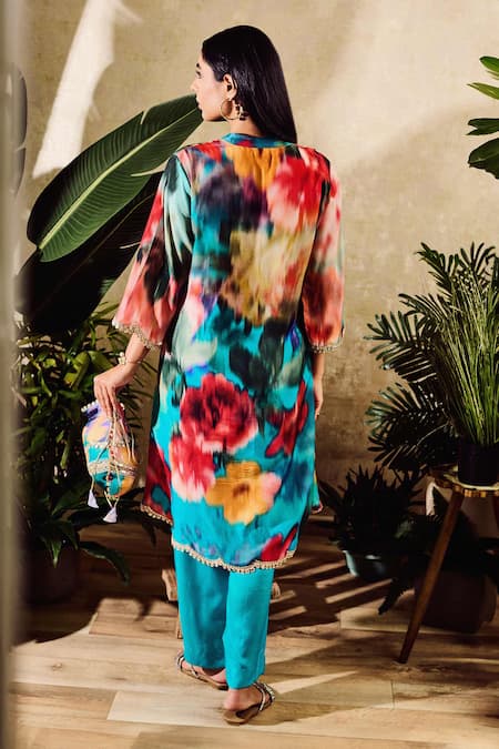 Shop Rainas Blue Cotton, Silk Embroidery Mandarin Faded Floral Print Kaftan And Pant Set at Aza Fashions Shop_Rainas_Blue Cotton, Silk Embroidery Mandarin Faded Floral Print Kaftan And Pant Set_at_Aza_Fashions