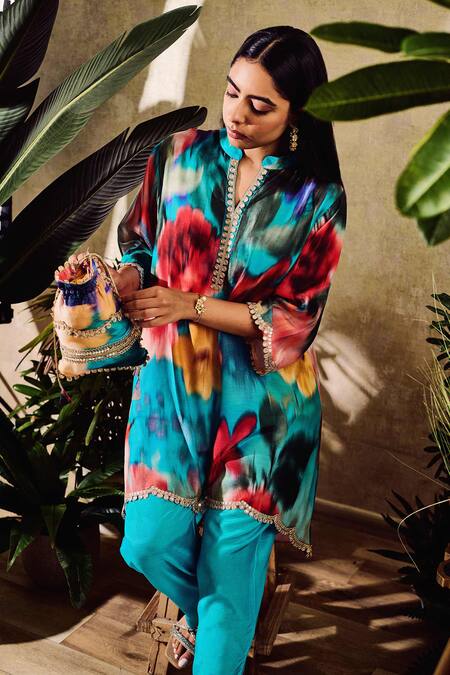 Buy Rainas Blue Cotton, Silk Embroidery Mandarin Faded Floral Print Kaftan And Pant Set Online at Aza Fashions Buy_Rainas_Blue Cotton, Silk Embroidery Mandarin Faded Floral Print Kaftan And Pant Set_Online_at_Aza_Fashions