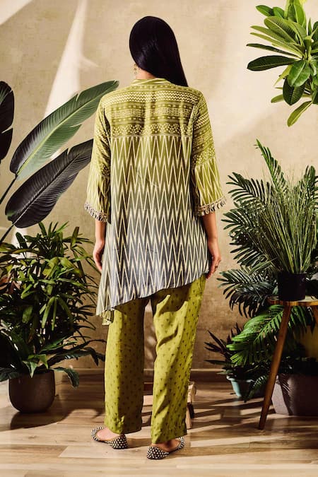 Shop Rainas Green Cotton, Silk Round Neck Geometric Print Asymmetric Hem Tunic With Pant at Aza Fashions Shop_Rainas_Green Cotton, Silk Round Neck Geometric Print Asymmetric Hem Tunic With Pant_at_Aza_Fashions