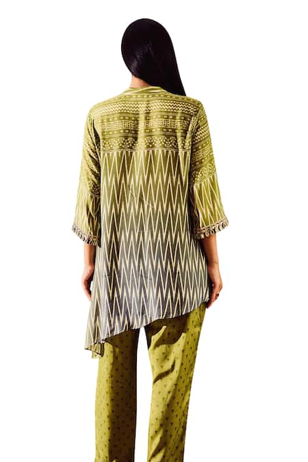 Rainas Green Cotton, Silk Round Neck Geometric Print Asymmetric Hem Tunic With Pant Online at Aza Fashions Rainas_Green Cotton, Silk Round Neck Geometric Print Asymmetric Hem Tunic With Pant_Online_at_Aza_Fashions