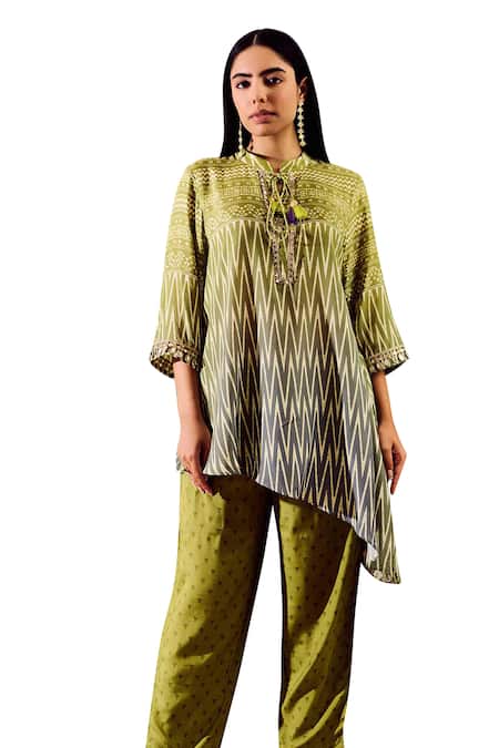 Buy Rainas Green Cotton, Silk Round Neck Geometric Print Asymmetric Hem Tunic With Pant Online at Aza Fashions Buy_Rainas_Green Cotton, Silk Round Neck Geometric Print Asymmetric Hem Tunic With Pant_Online_at_Aza_Fashions