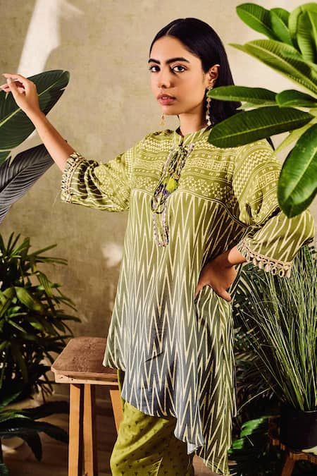 Shop Rainas Green Cotton, Silk Round Neck Geometric Print Asymmetric Hem Tunic With Pant Online at Aza Fashions Shop_Rainas_Green Cotton, Silk Round Neck Geometric Print Asymmetric Hem Tunic With Pant_Online_at_Aza_Fashions