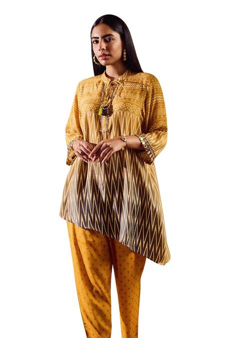 Rainas_Yellow Cotton, Silk Embroidery Round Two Tone Geometric Print Tunic With Pant_Online_at_Aza_Fashions