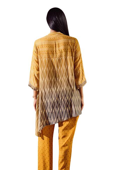 Shop_Rainas_Yellow Cotton, Silk Embroidery Round Two Tone Geometric Print Tunic With Pant_Online_at_Aza_Fashions