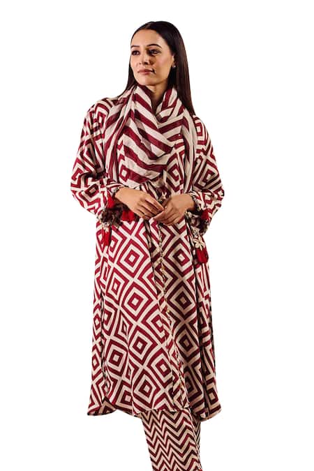 Shop Rainas Maroon Satin, Chiffon Tassels Collared Geometric Print Tunic And Pant Set Online at Aza Fashions Shop_Rainas_Maroon Satin, Chiffon Tassels Collared Geometric Print Tunic And Pant Set_Online_at_Aza_Fashions