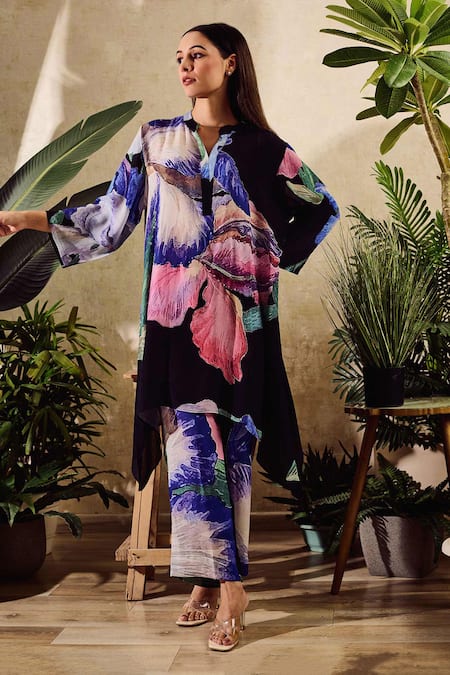 Rainas Contrast Bloom Print Tunic & Pant Set 