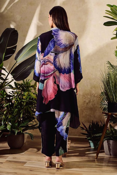 Shop_Rainas_Black Viscose, Chiffon, Crepe Mandarin Contrast Bloom Print Tunic And Pant Set _at_Aza_Fashions