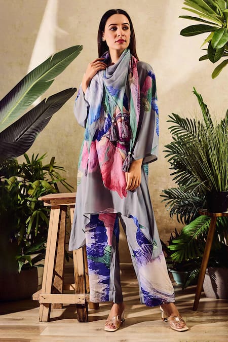 Rainas Asymmetric Contrast Bloom Print Tunic & Pant Set 