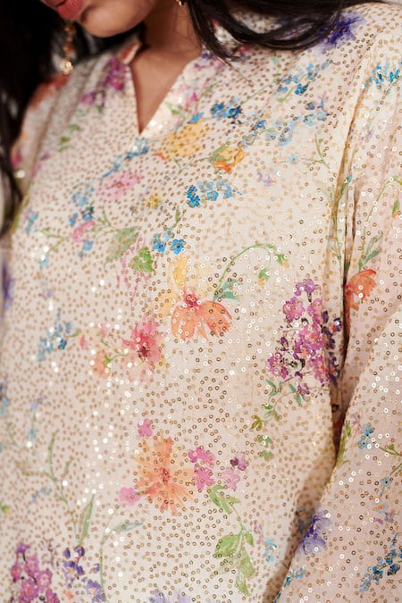 Rainas Multi Color Georgette Sequins Mandarin Printed Asymmetric Tunic With Pant Online at Aza Fashions Rainas_Multi Color Georgette Sequins Mandarin Printed Asymmetric Tunic With Pant_Online_at_Aza_Fashions