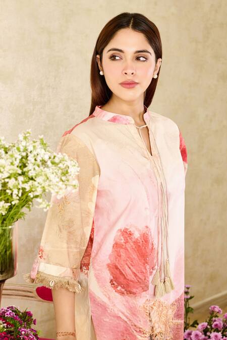 Rainas Pink Linen Fringe Mandarin Collar Floral Print Tunic With Pant Online at Aza Fashions Rainas_Pink Linen Fringe Mandarin Collar Floral Print Tunic With Pant_Online_at_Aza_Fashions