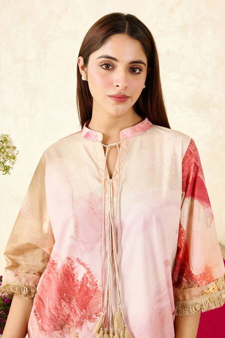 Buy Rainas Pink Linen Fringe Mandarin Collar Floral Print Tunic With Pant Online at Aza Fashions Buy_Rainas_Pink Linen Fringe Mandarin Collar Floral Print Tunic With Pant_Online_at_Aza_Fashions