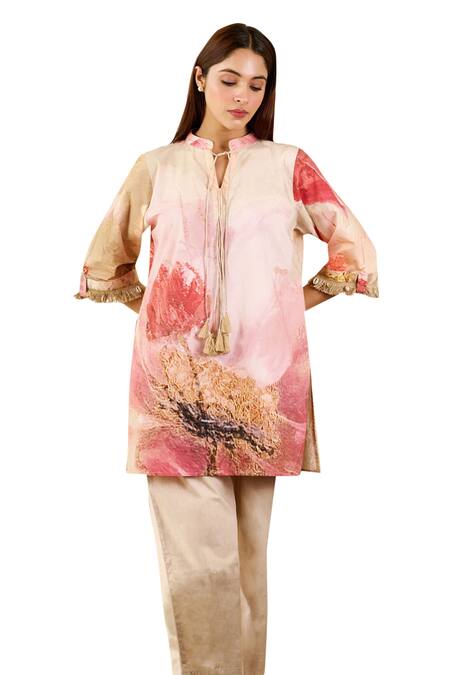 Shop Rainas Pink Linen Fringe Mandarin Collar Floral Print Tunic With Pant Online at Aza Fashions Shop_Rainas_Pink Linen Fringe Mandarin Collar Floral Print Tunic With Pant_Online_at_Aza_Fashions