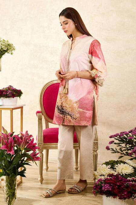 Rainas Pink Linen Fringe Mandarin Collar Floral Print Tunic With Pant at Aza Fashions Rainas_Pink Linen Fringe Mandarin Collar Floral Print Tunic With Pant_at_Aza_Fashions