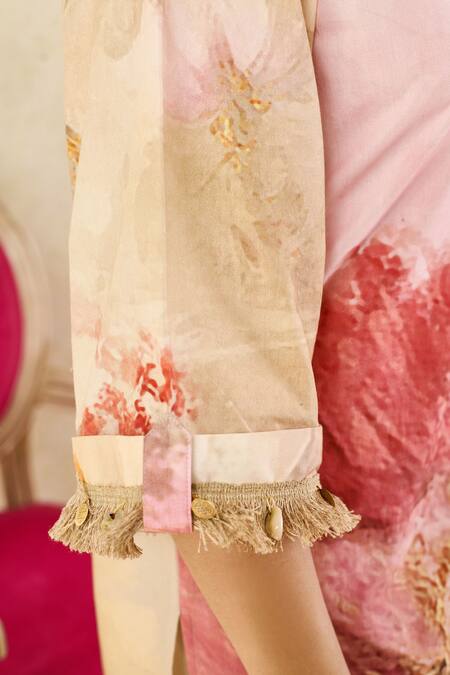 Shop Rainas Pink Linen Fringe Mandarin Collar Floral Print Tunic With Pant Shop_Rainas_Pink Linen Fringe Mandarin Collar Floral Print Tunic With Pant