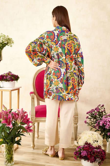 Shop_Rainas_White Cotton, Silk Sequins Shawl Neck Graphic Print Shirt With Pant _at_Aza_Fashions