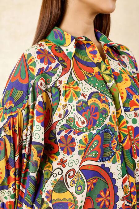 Rainas_White Cotton, Silk Sequins Shawl Neck Graphic Print Shirt With Pant _Online_at_Aza_Fashions